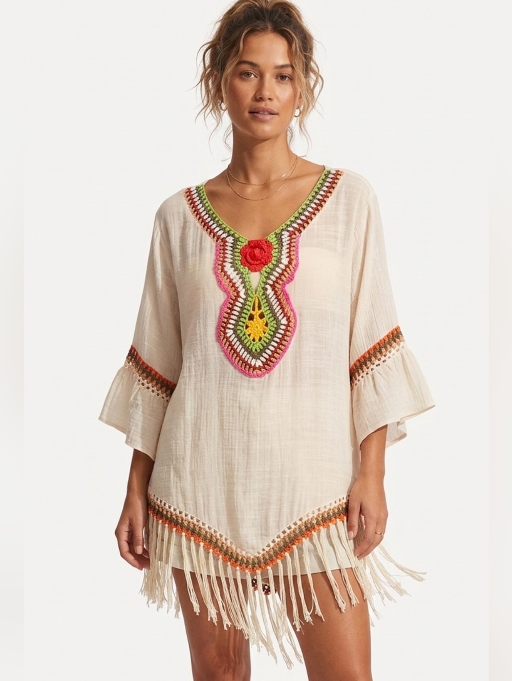 Dasayo Embroidered Fringe Beach Tunic in Cream with Multicolor Accents Medium